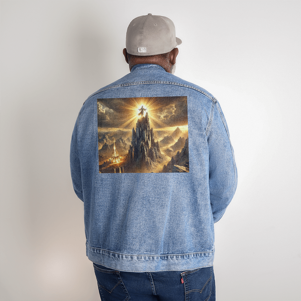 Mountain Majesty Denim Jacket – High-Quality Denim, Jesus Standing on the Mountain, Symbol of Strength and Faith.