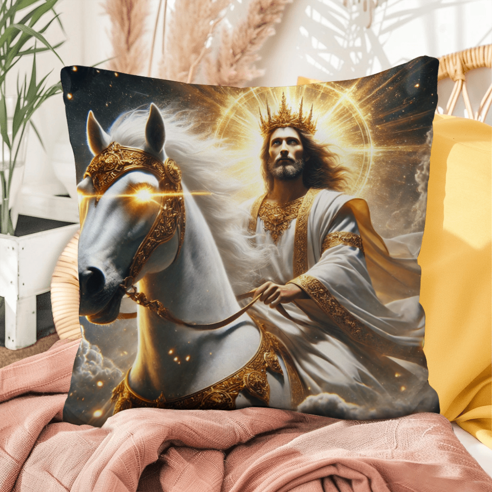 Divine Majesty Pillow – Skin-Friendly Material with Christ the King on a White Horse