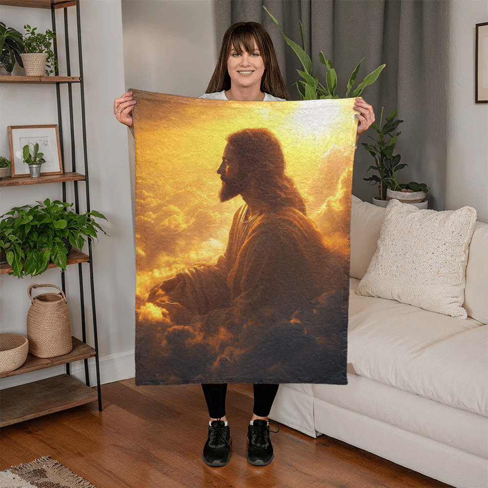 Meditative Jesus Blanket – Cozy, Soft Fabric Surrounded by Clouds for Tranquility