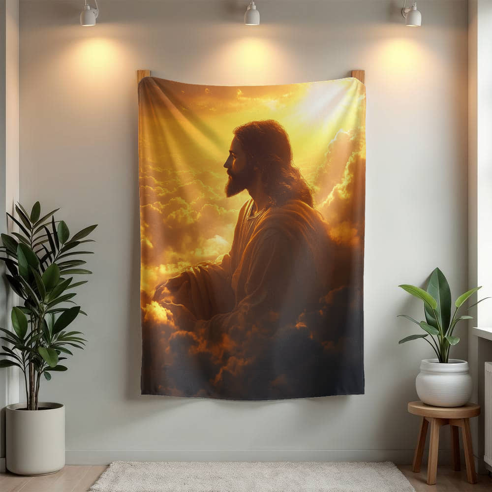 Meditative Jesus Blanket – Cozy, Soft Fabric Surrounded by Clouds for Tranquility