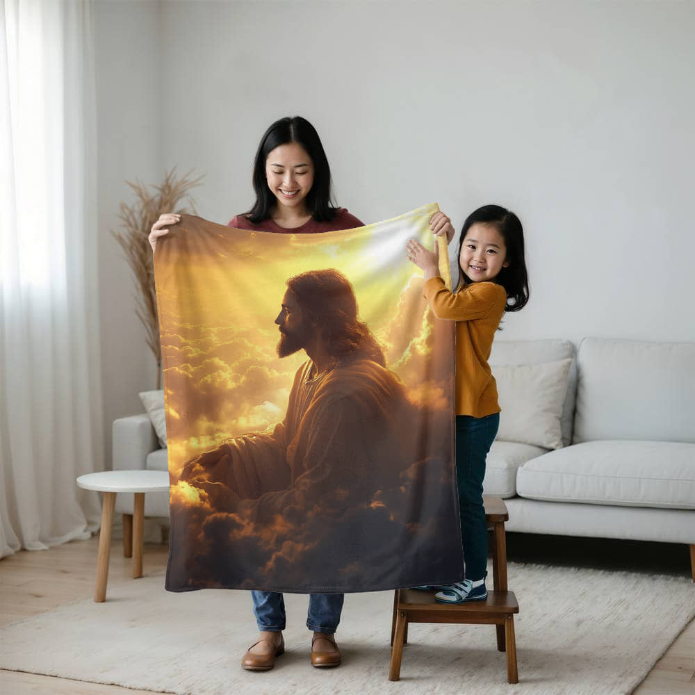 Meditative Jesus Blanket – Cozy, Soft Fabric Surrounded by Clouds for Tranquility