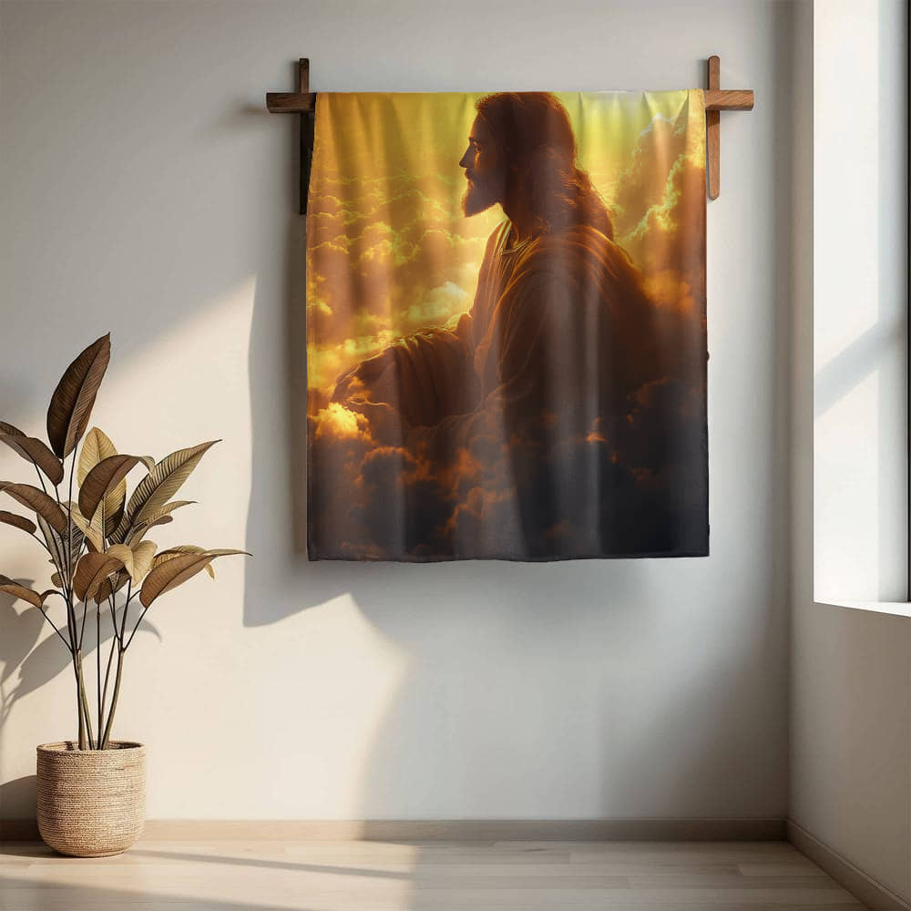 Meditative Jesus Blanket – Cozy, Soft Fabric Surrounded by Clouds for Tranquility