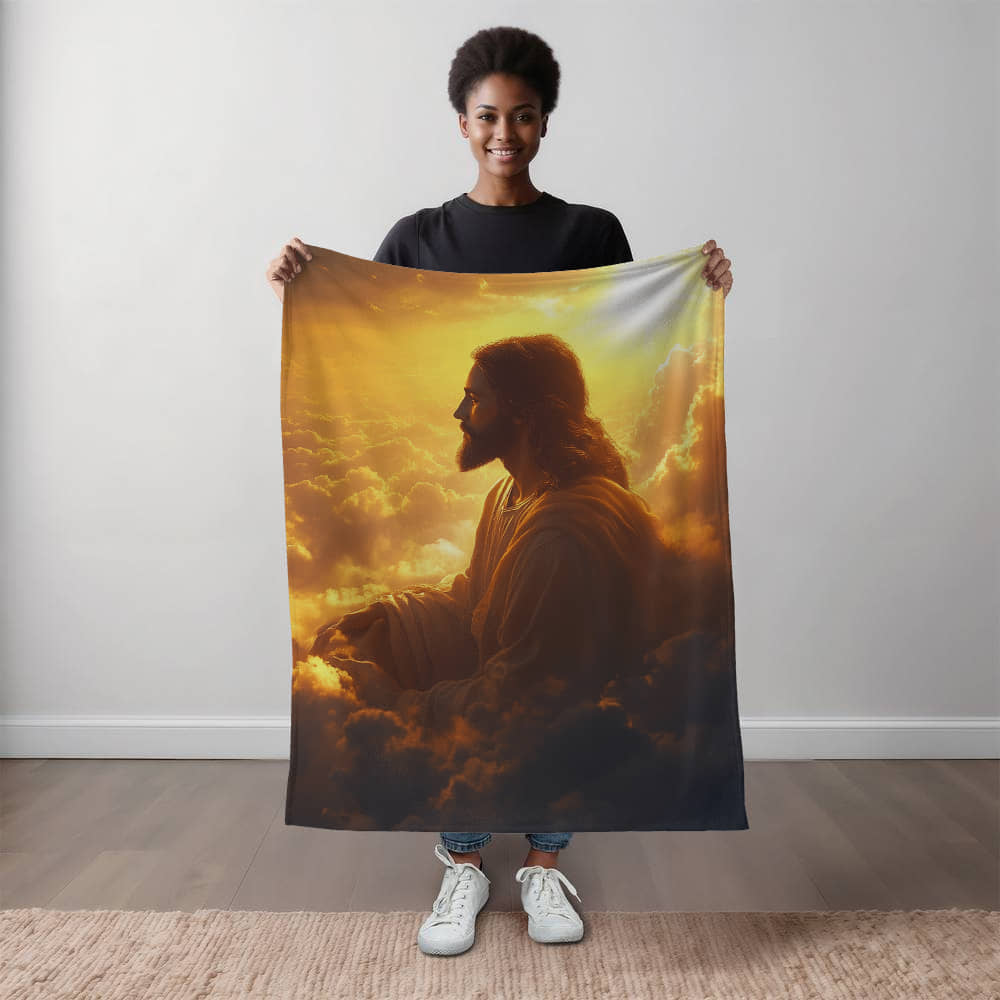 Meditative Jesus Blanket – Cozy, Soft Fabric Surrounded by Clouds for Tranquility