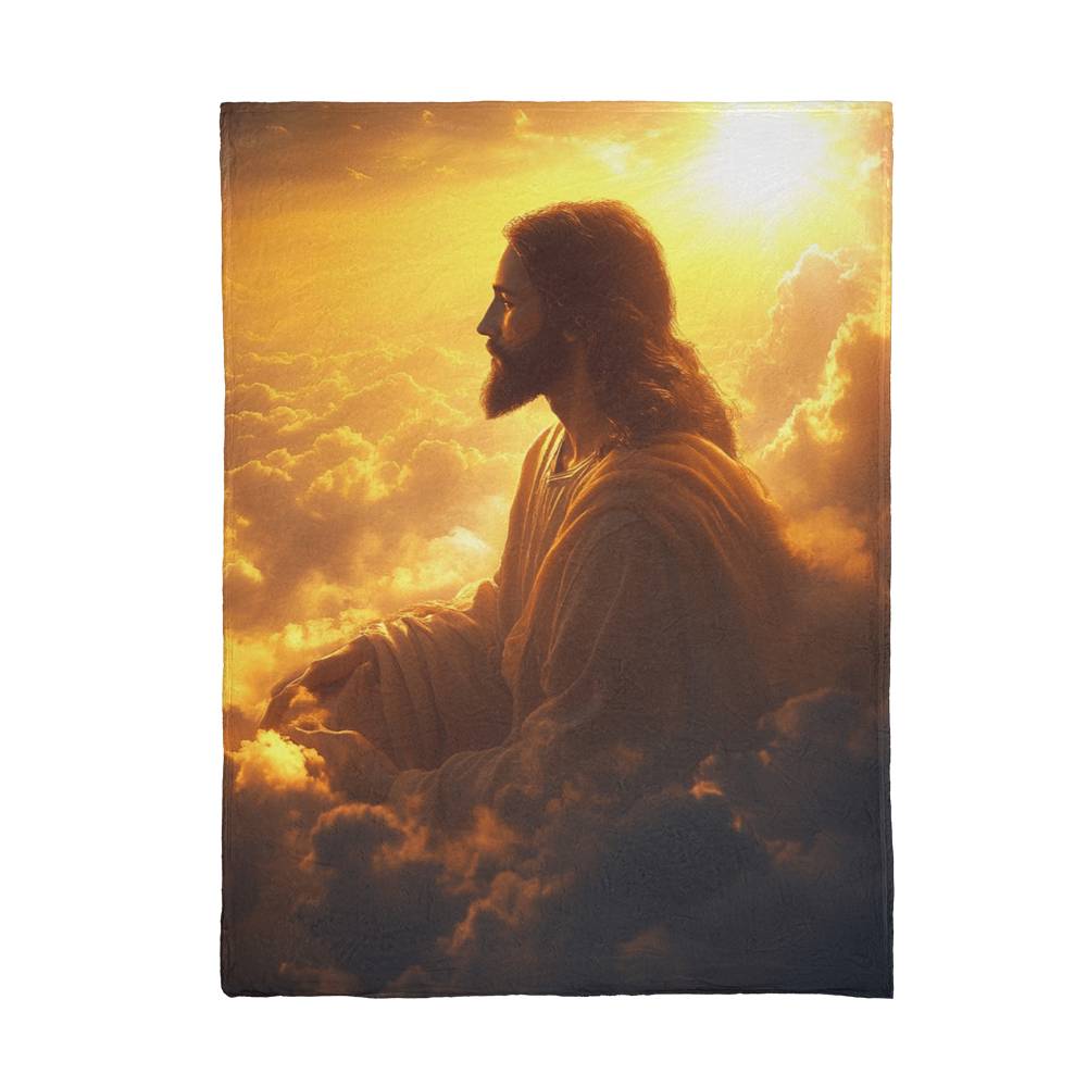 Meditative Jesus Blanket – Cozy, Soft Fabric Surrounded by Clouds for Tranquility