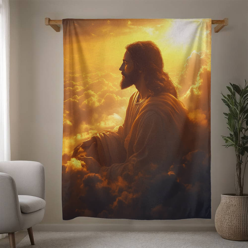 Meditative Jesus Blanket – Cozy, Soft Fabric Surrounded by Clouds for Tranquility