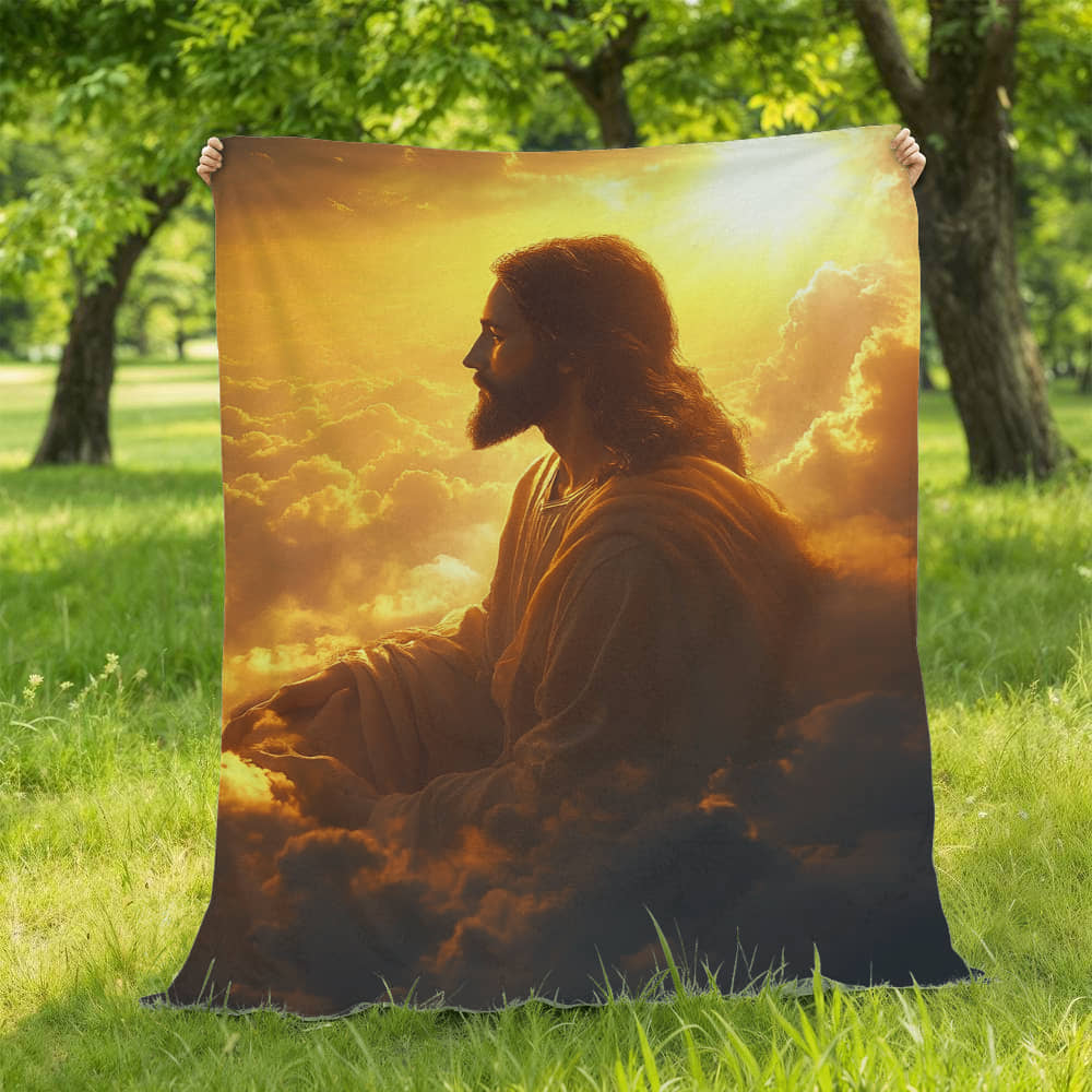 Meditative Jesus Blanket – Cozy, Soft Fabric Surrounded by Clouds for Tranquility