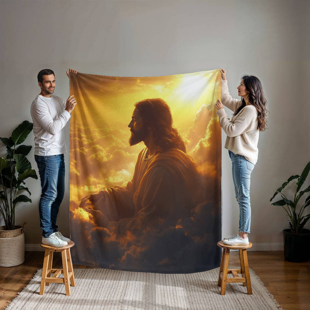 Meditative Jesus Blanket – Cozy, Soft Fabric Surrounded by Clouds for Tranquility