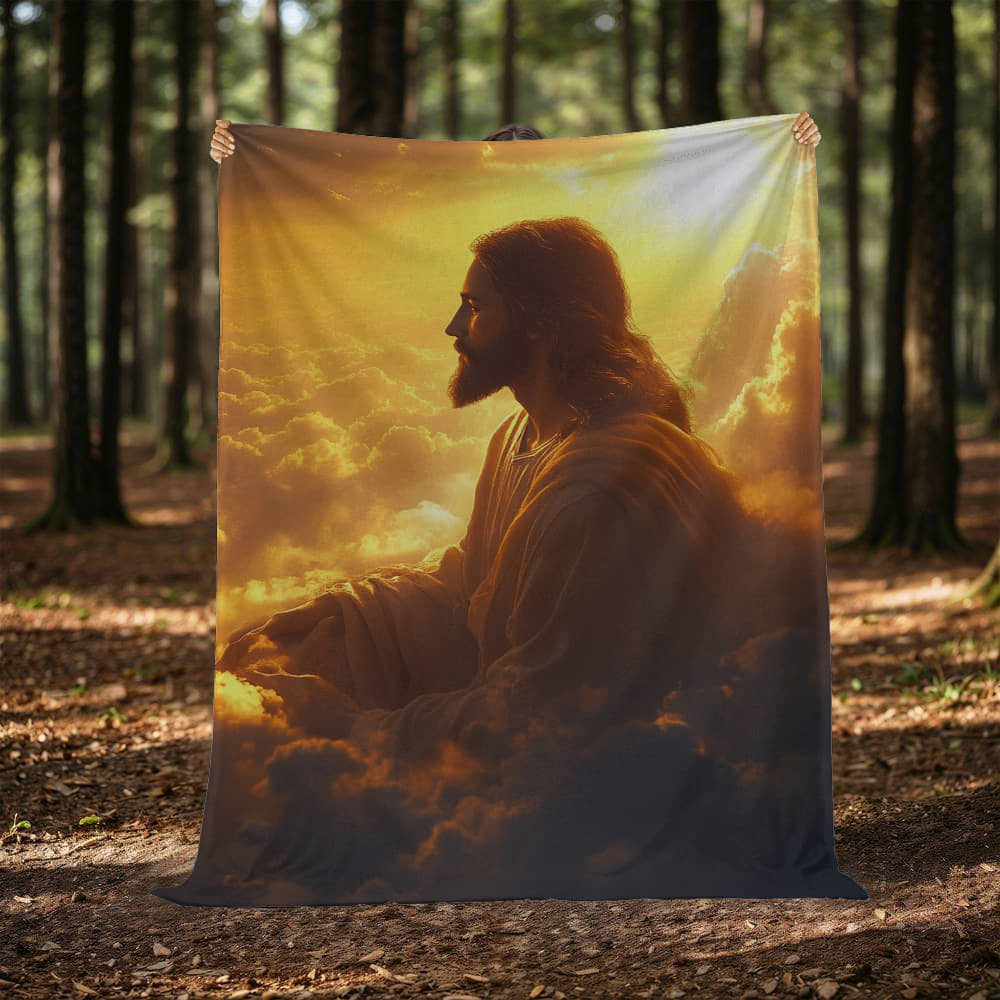 Meditative Jesus Blanket – Cozy, Soft Fabric Surrounded by Clouds for Tranquility