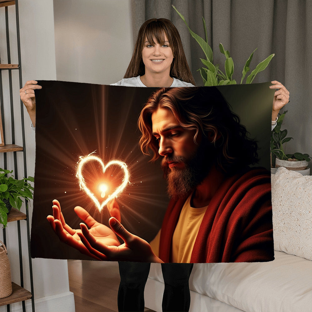 Divine Heart Blanket – Soft, Gentle Material with Jesus Holding a Shining Heart