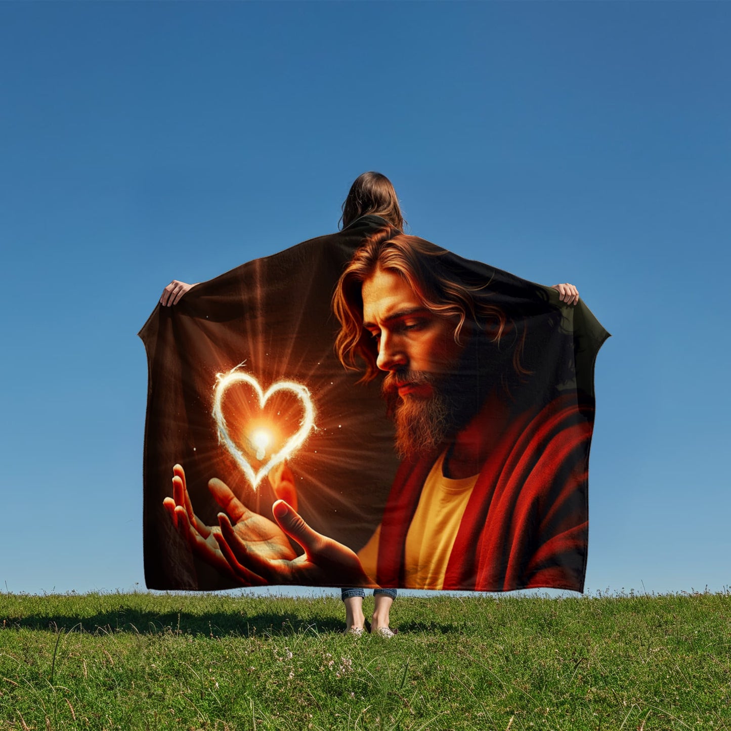 Divine Heart Blanket – Soft, Gentle Material with Jesus Holding a Shining Heart