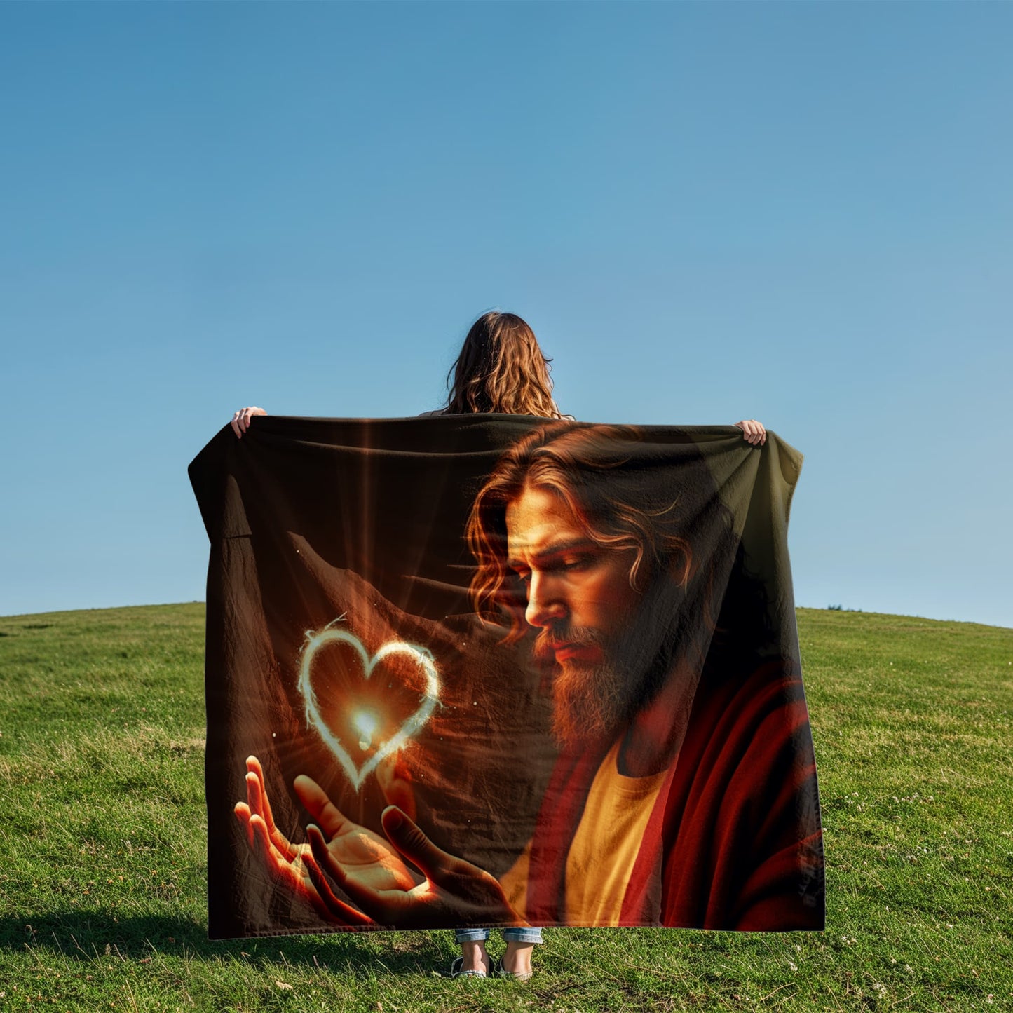 Divine Heart Blanket – Soft, Gentle Material with Jesus Holding a Shining Heart