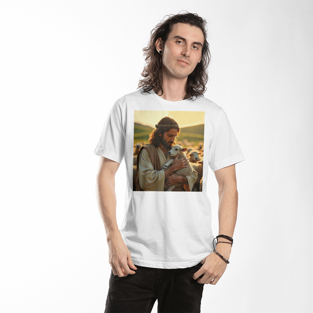 Divine Shepherd T-Shirt – Comfortable Cotton Featuring Jesus with a Lamb