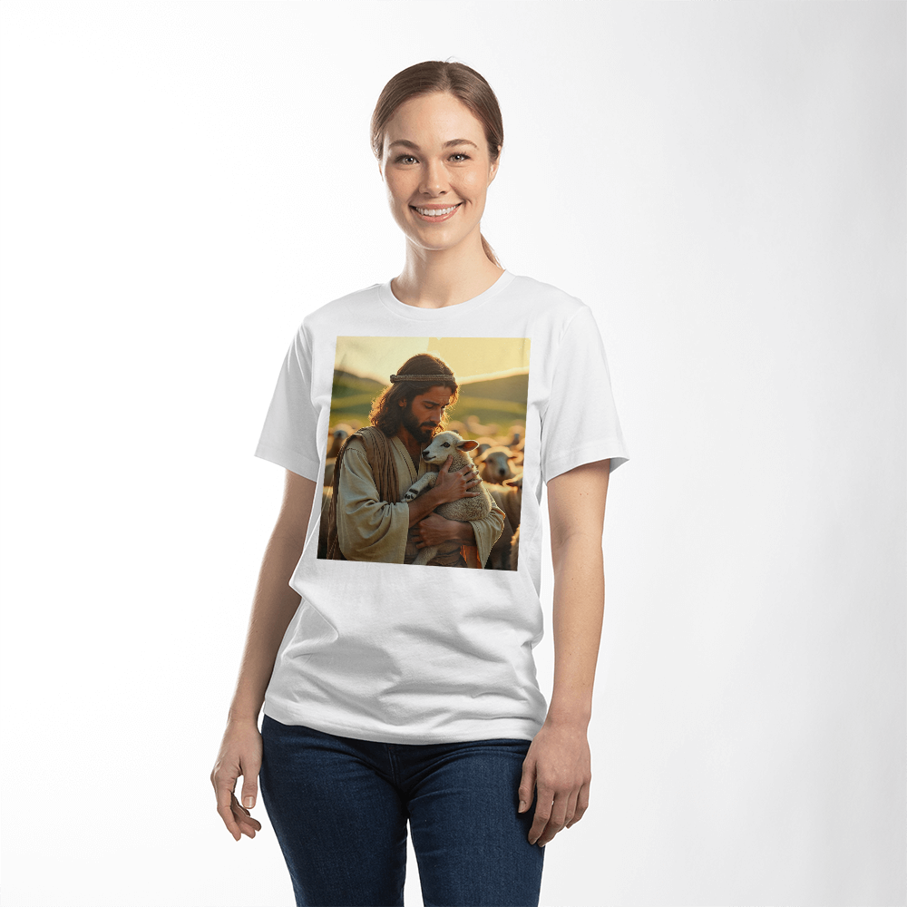 Divine Shepherd T-Shirt – Comfortable Cotton Featuring Jesus with a Lamb