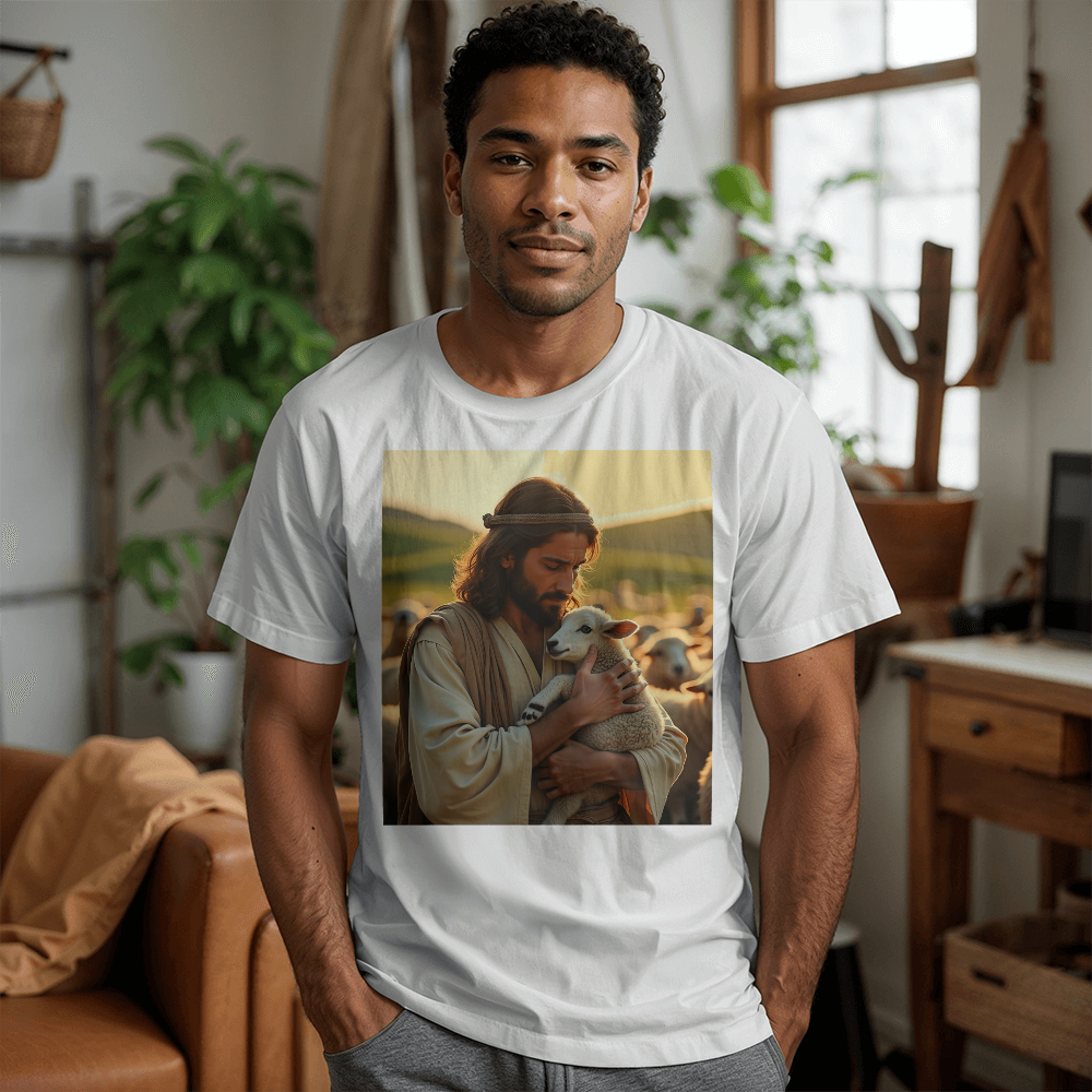 Divine Shepherd T-Shirt – Comfortable Cotton Featuring Jesus with a Lamb