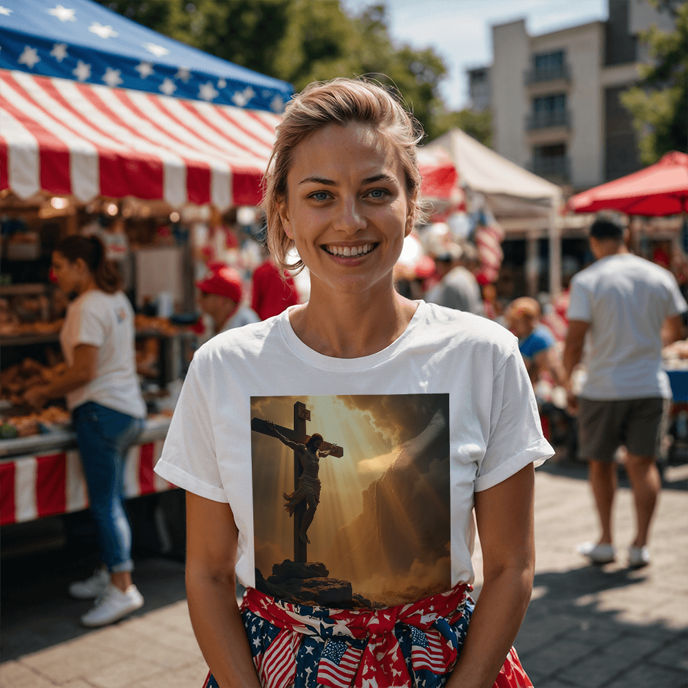 Divine Cross Round-Neck Tee – Pure Cotton with a Profound Image of the Crucifixion