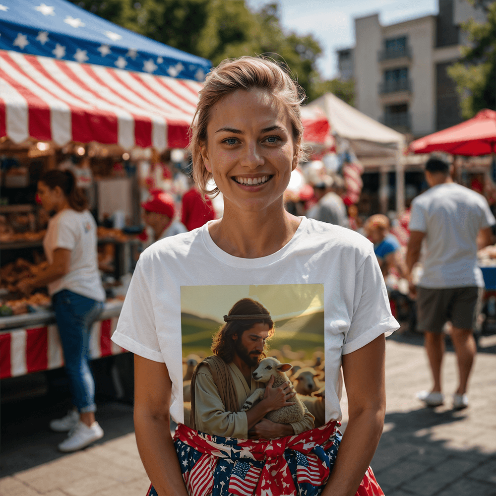 Divine Shepherd T-Shirt – Comfortable Cotton Featuring Jesus with a Lamb