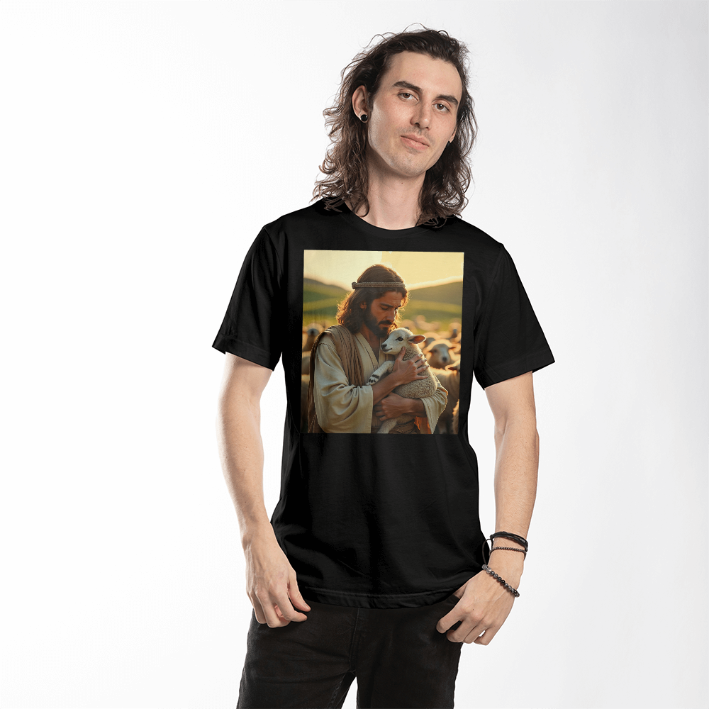 Divine Shepherd T-Shirt – Comfortable Cotton Featuring Jesus with a Lamb