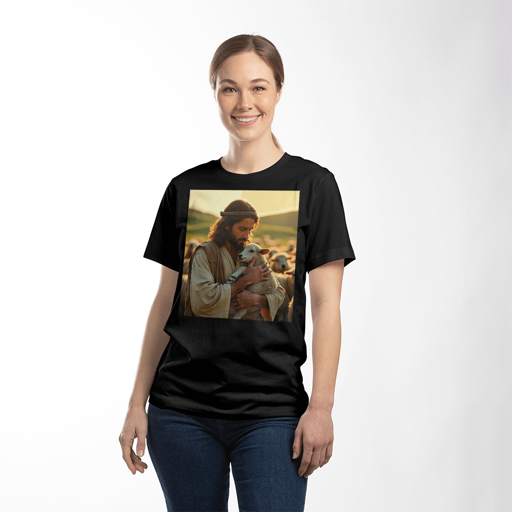 Divine Shepherd T-Shirt – Comfortable Cotton Featuring Jesus with a Lamb