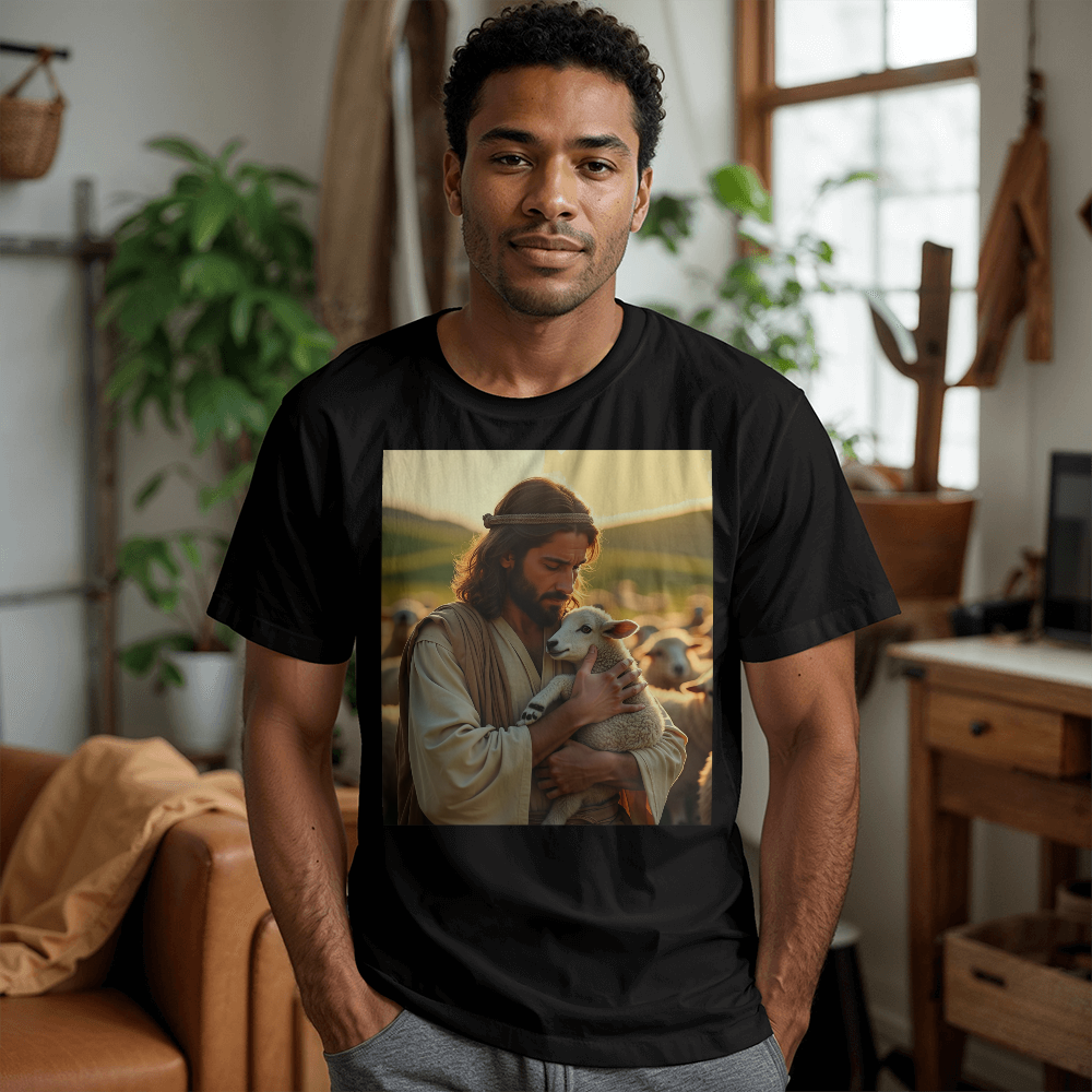 Divine Shepherd T-Shirt – Comfortable Cotton Featuring Jesus with a Lamb