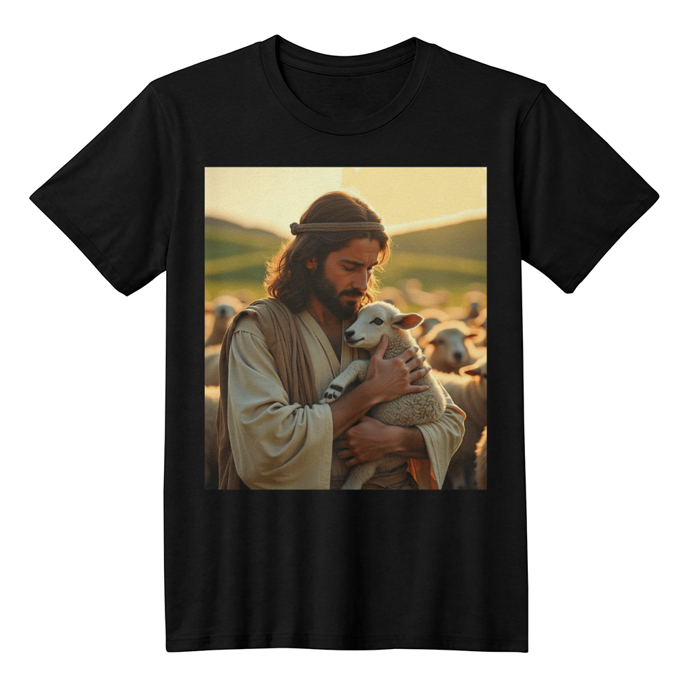 Divine Shepherd T-Shirt – Comfortable Cotton Featuring Jesus with a Lamb