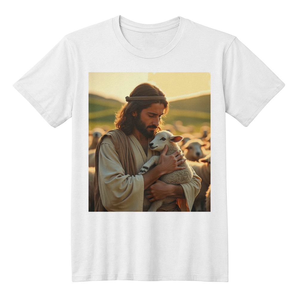 Divine Shepherd T-Shirt – Comfortable Cotton Featuring Jesus with a Lamb