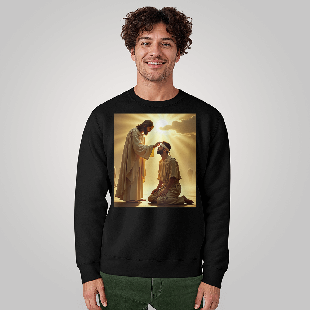 Jesus Heals Blind Man Crew Neck – Soft Cotton, A Miracle of Love and Light