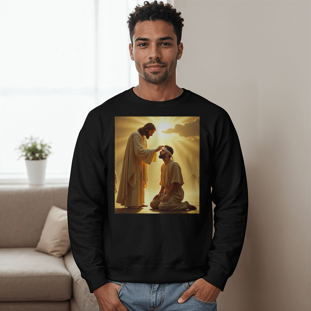 Jesus Heals Blind Man Crew Neck – Soft Cotton, A Miracle of Love and Light