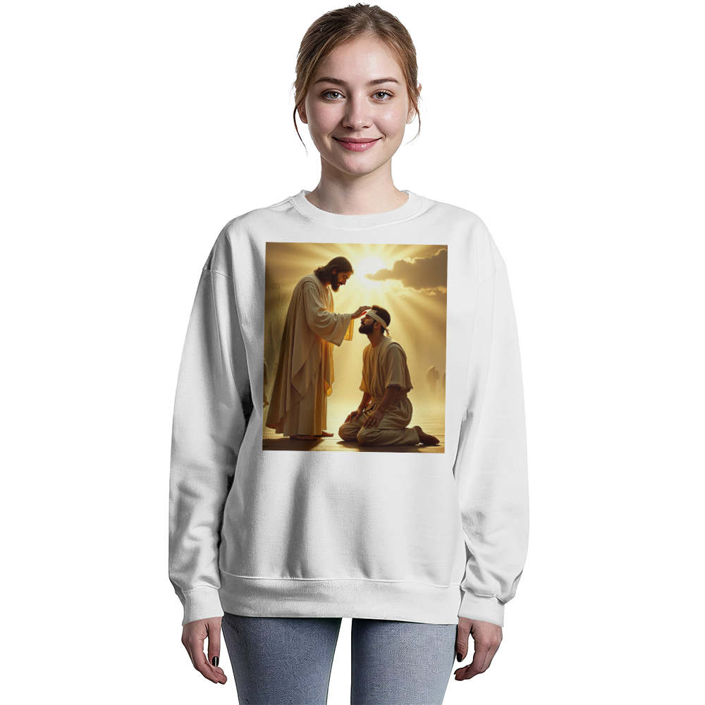 Jesus Heals Blind Man Crew Neck – Soft Cotton, A Miracle of Love and Light