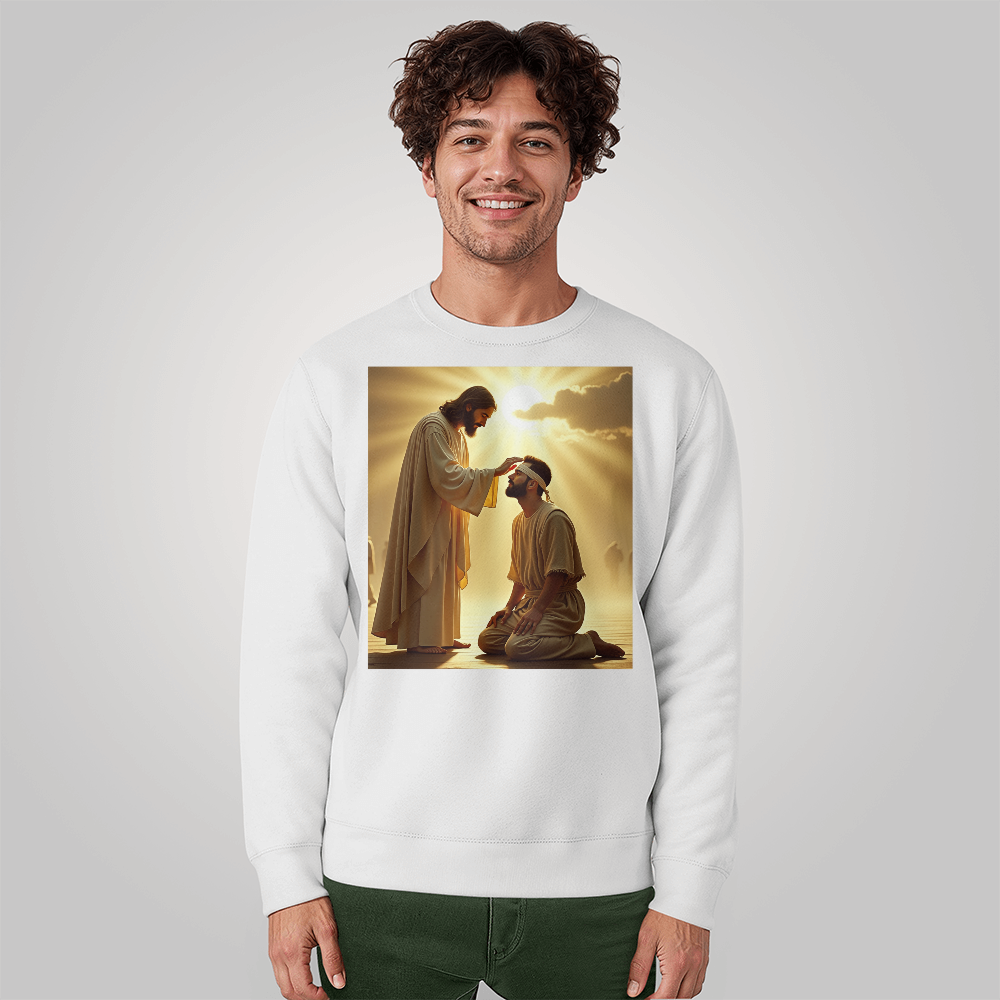 Jesus Heals Blind Man Crew Neck – Soft Cotton, A Miracle of Love and Light