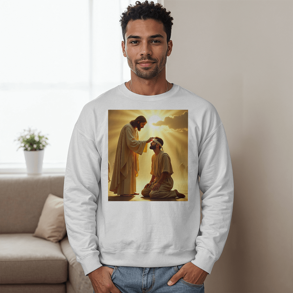 Jesus Heals Blind Man Crew Neck – Soft Cotton, A Miracle of Love and Light