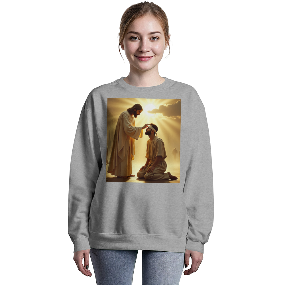 Jesus Heals Blind Man Crew Neck – Soft Cotton, A Miracle of Love and Light