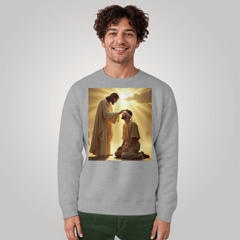 Jesus Heals Blind Man Crew Neck – Soft Cotton, A Miracle of Love and Light