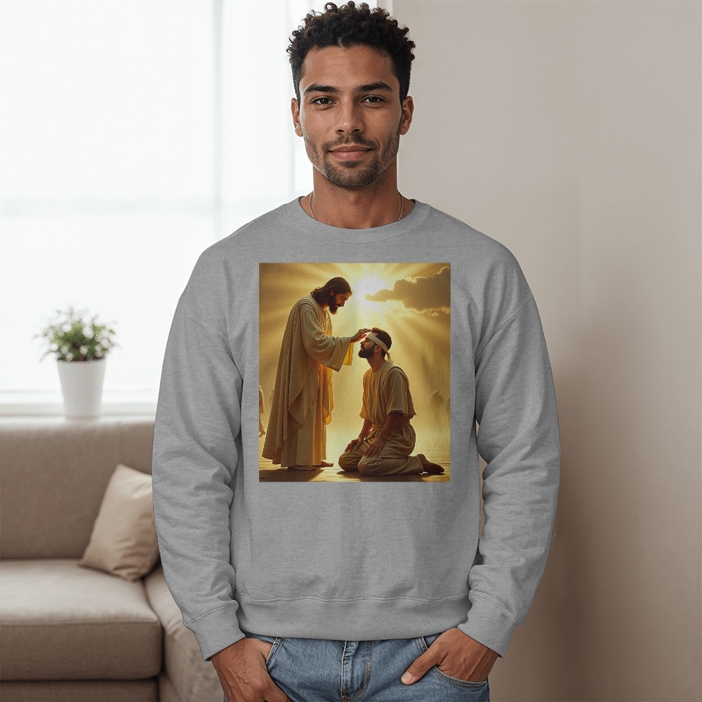 Jesus Heals Blind Man Crew Neck – Soft Cotton, A Miracle of Love and Light