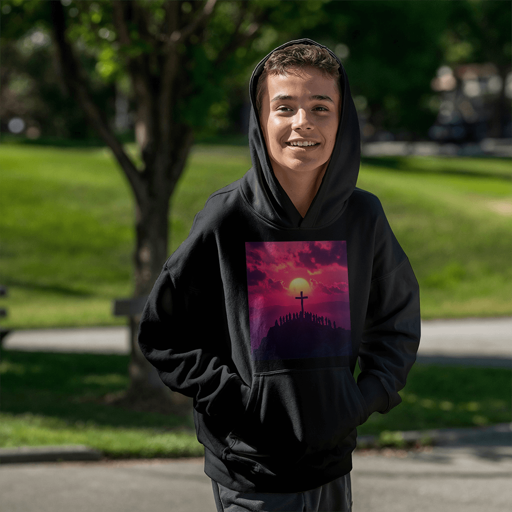 Sunset Cross Hoodie – Soft Material Featuring a Cross Bathed in Afterglow