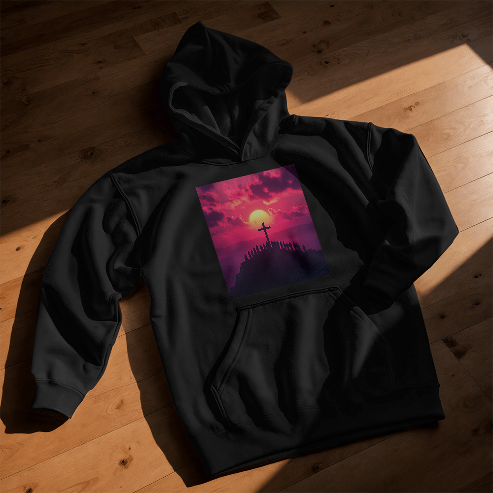 Sunset Cross Hoodie – Soft Material Featuring a Cross Bathed in Afterglow