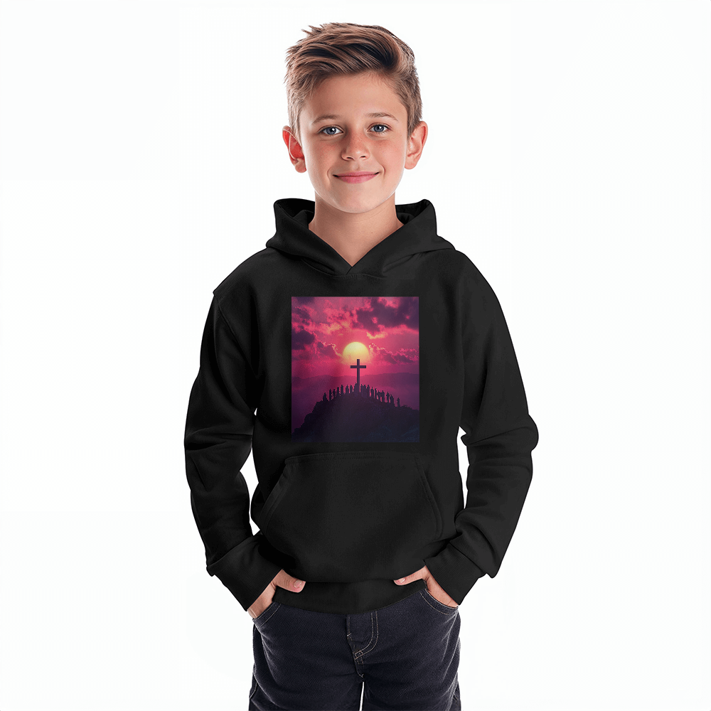 Sunset Cross Hoodie – Soft Material Featuring a Cross Bathed in Afterglow