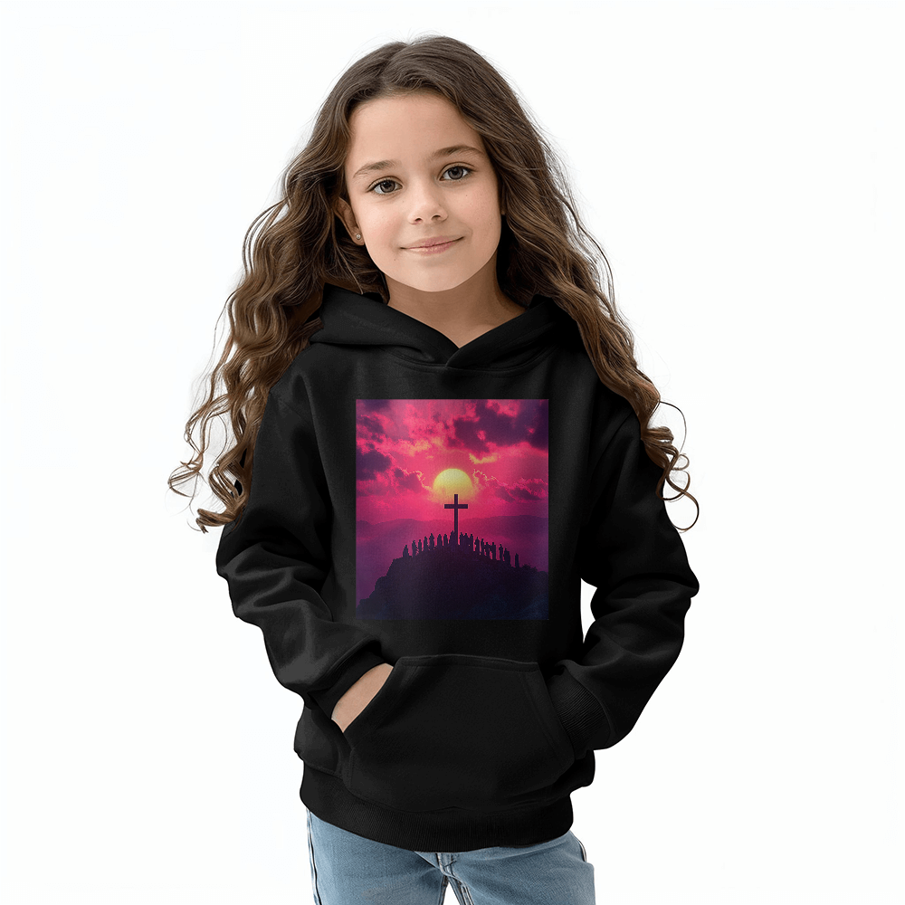 Sunset Cross Hoodie – Soft Material Featuring a Cross Bathed in Afterglow