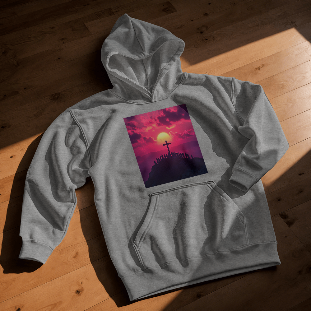 Sunset Cross Hoodie – Soft Material Featuring a Cross Bathed in Afterglow