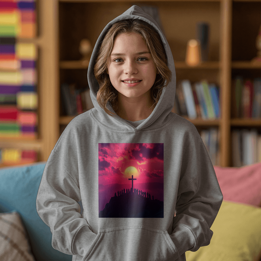 Sunset Cross Hoodie – Soft Material Featuring a Cross Bathed in Afterglow