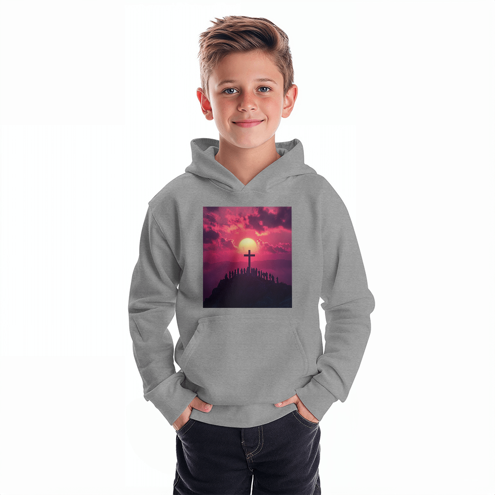 Sunset Cross Hoodie – Soft Material Featuring a Cross Bathed in Afterglow