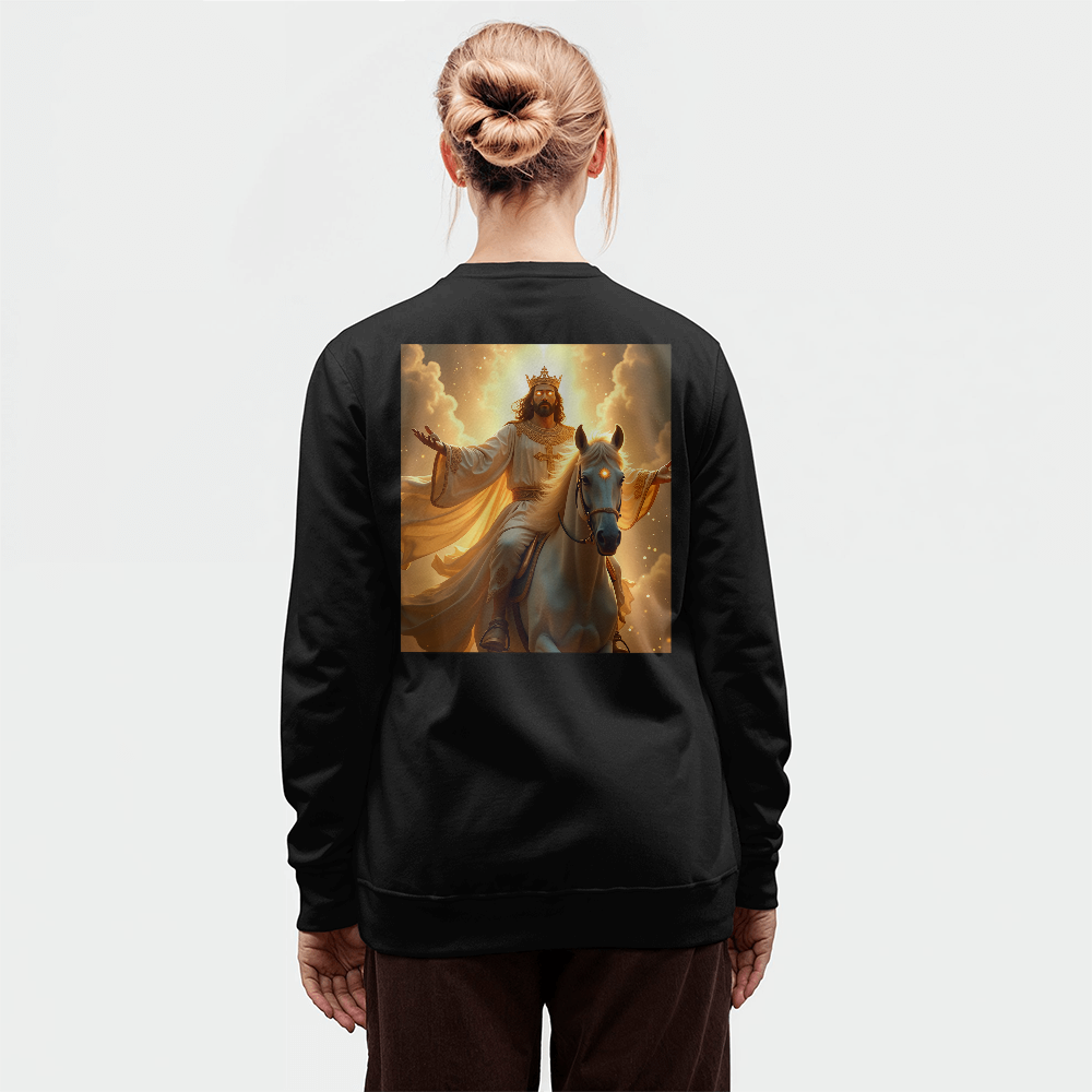 King of Glory Crewneck – Soft Cotton Comfort, Majestic Savior Art, A Testament to Faith