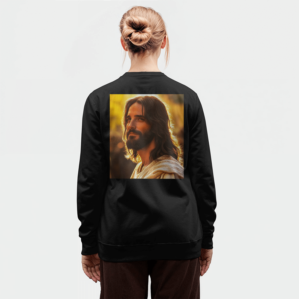 Jesus Serenity Crewneck – Premium Cotton, Gentle Savior Portrait, Embrace Peace and Faith