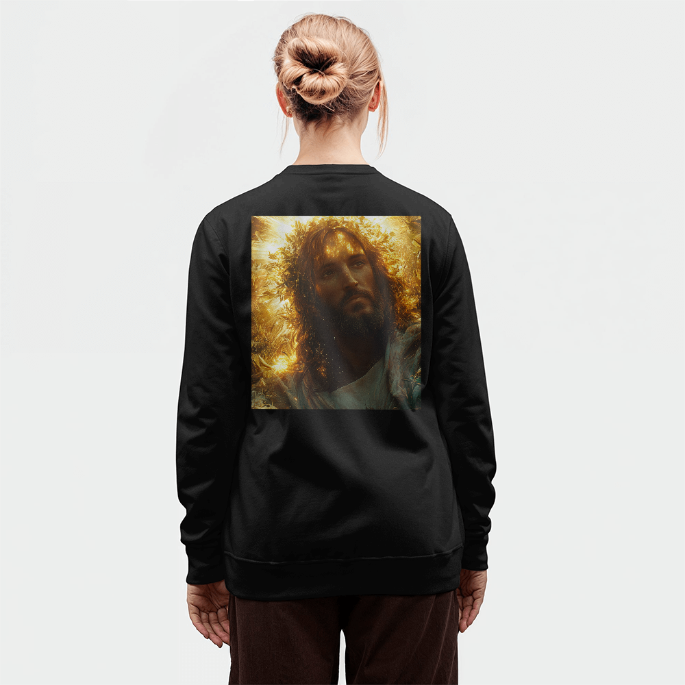 Divine Radiance Crewneck – Ultra-Soft Cotton, Glorious Savior Portrait, Shine with Faith