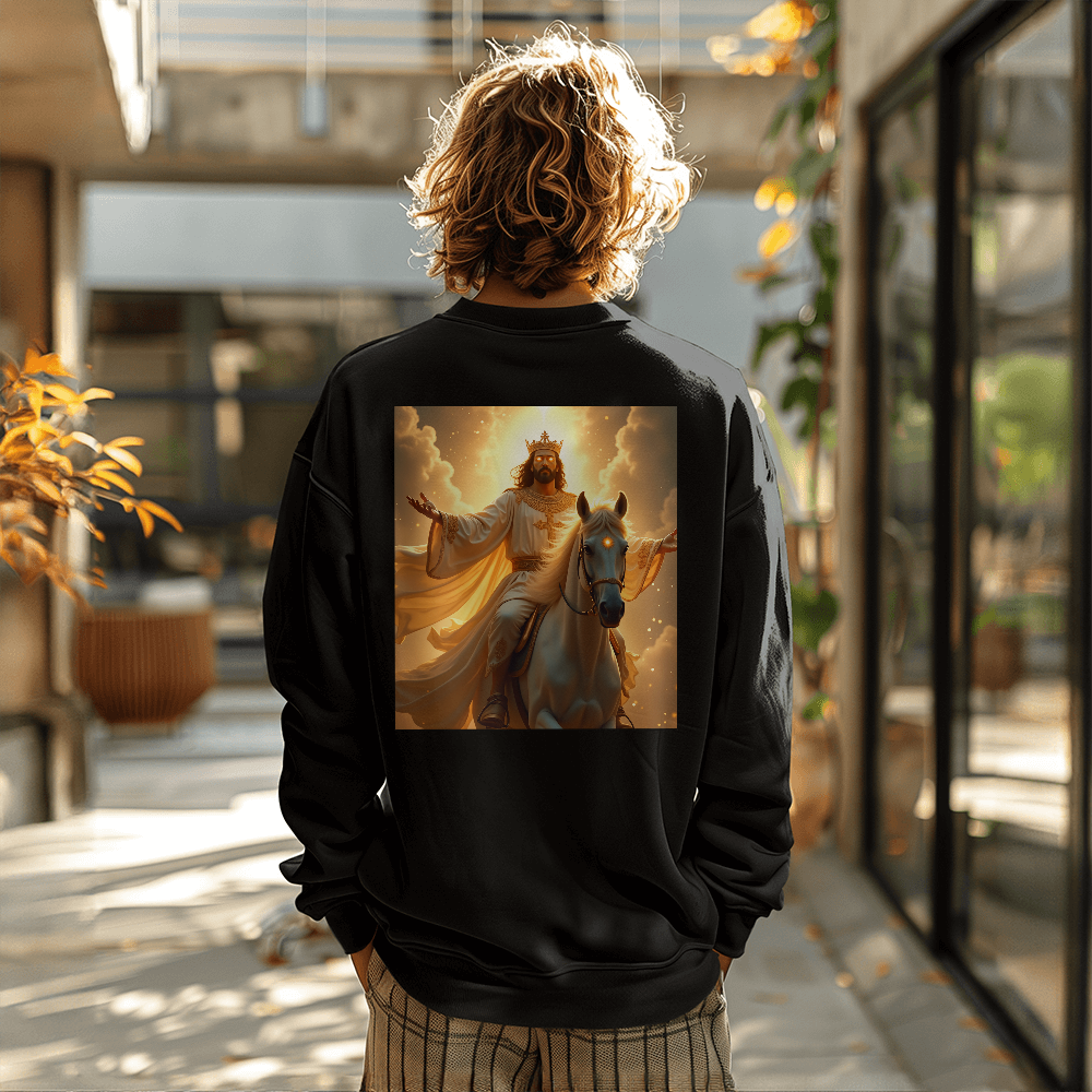 King of Glory Crewneck – Soft Cotton Comfort, Majestic Savior Art, A Testament to Faith