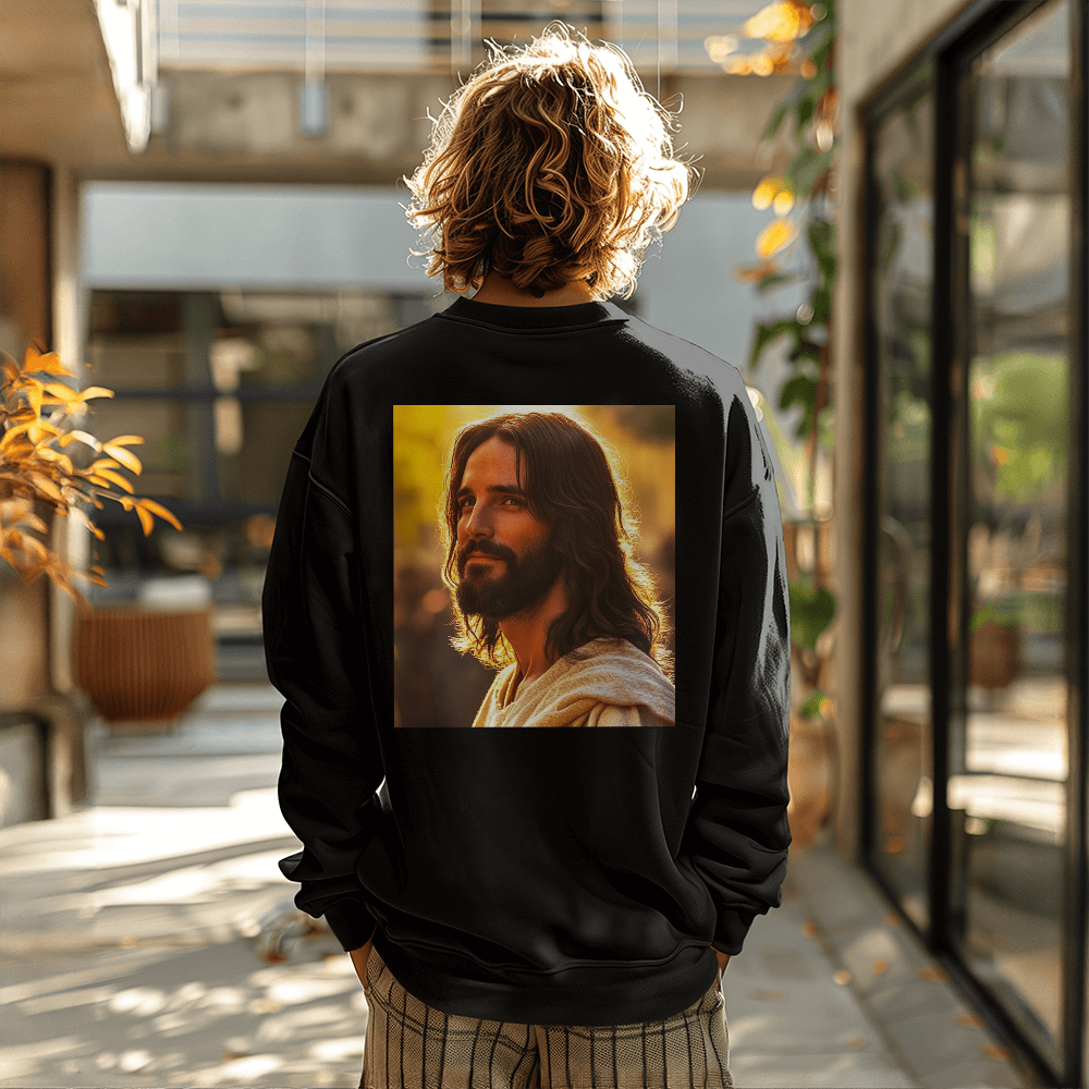 Jesus Serenity Crewneck – Premium Cotton, Gentle Savior Portrait, Embrace Peace and Faith