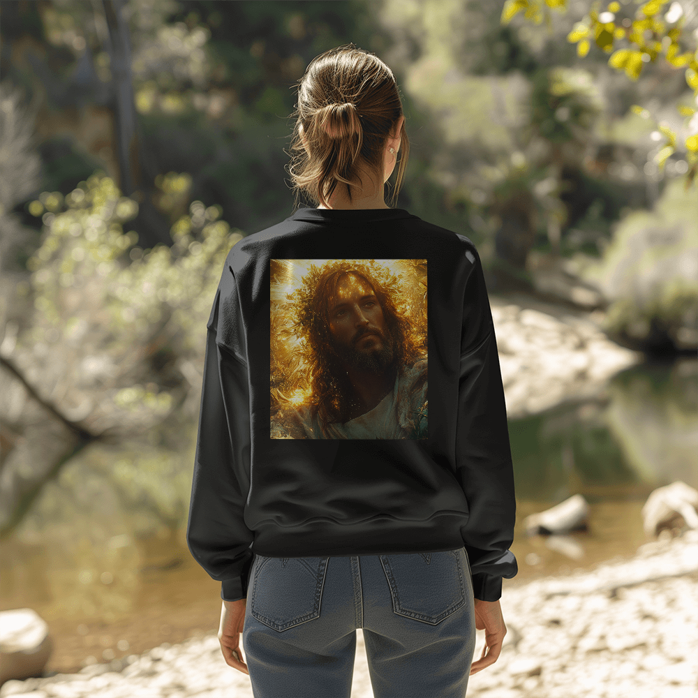 Divine Radiance Crewneck – Ultra-Soft Cotton, Glorious Savior Portrait, Shine with Faith