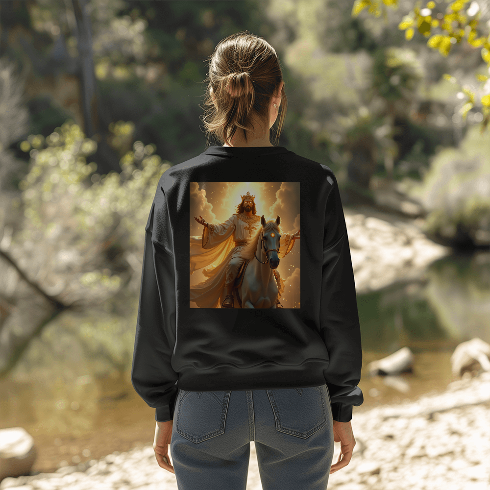 King of Glory Crewneck – Soft Cotton Comfort, Majestic Savior Art, A Testament to Faith