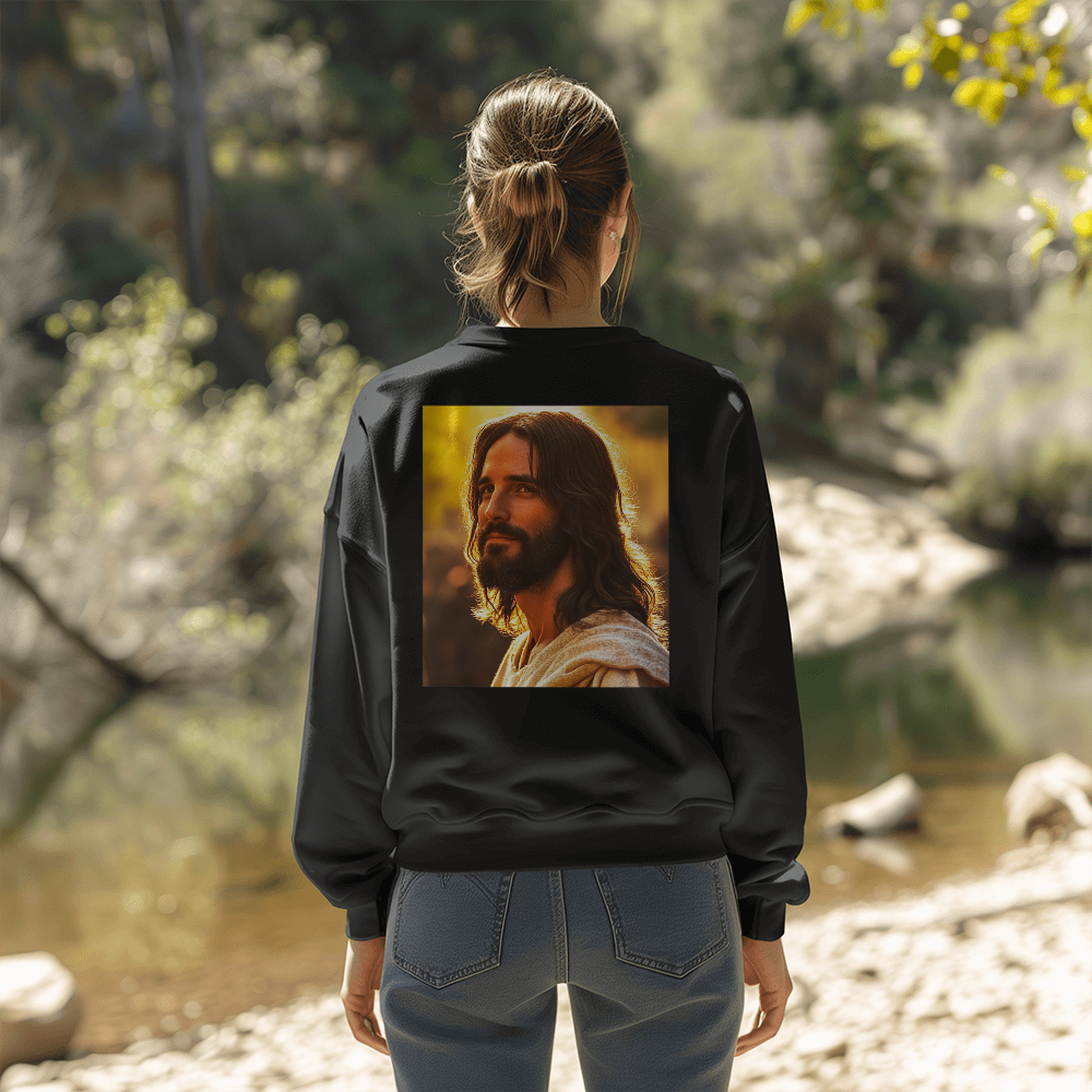 Jesus Serenity Crewneck – Premium Cotton, Gentle Savior Portrait, Embrace Peace and Faith