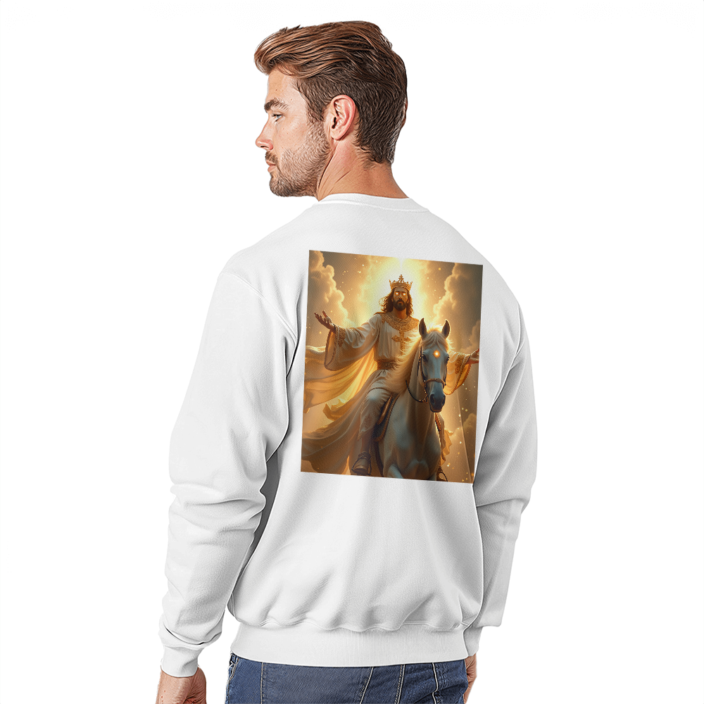 King of Glory Crewneck – Soft Cotton Comfort, Majestic Savior Art, A Testament to Faith