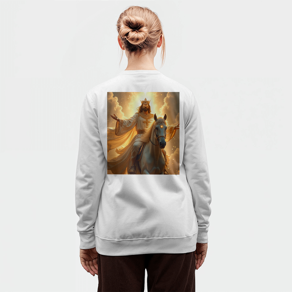 King of Glory Crewneck – Soft Cotton Comfort, Majestic Savior Art, A Testament to Faith